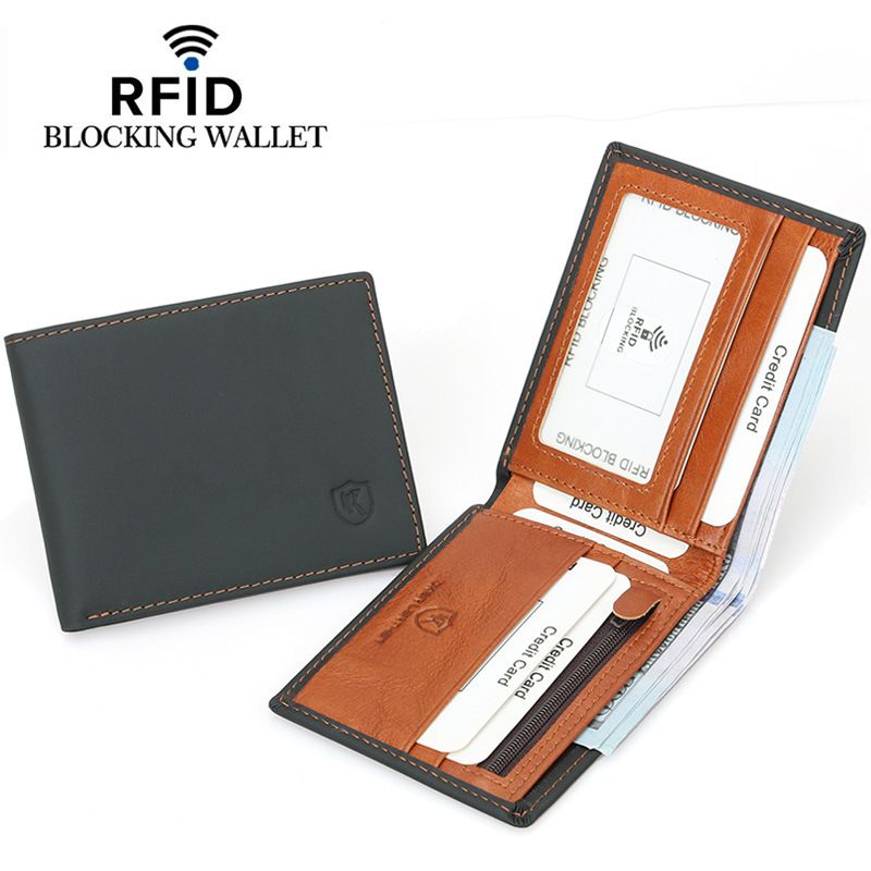 Rus Hırsızlığa Karşı RFID Engelleyici Birinci Katman İnek Derisi Cüzdan Moda Yağ Mumu Renk Blokajlı Erkek Bozuk Para Cüzdanı_voghion.com