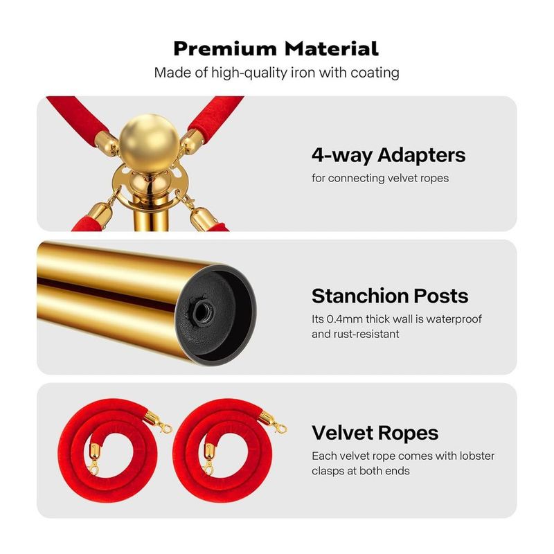 4PCS Premium Stainless Steel Stanchion Posts With 2 Red Velvet Ropes - Adjustable Crowd Control Barriers With Weighted Bases For Events, Weddings, Museums, Theaters & VIP Areas_voghion.com