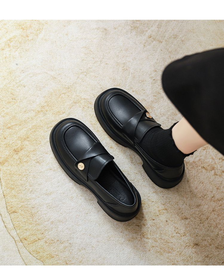 Sheepskin Gold Coin Loafers Women's 2025 Spring & Fall New Arrival Thick Sole Middle Heel Brown British Style Leather_voghion.com