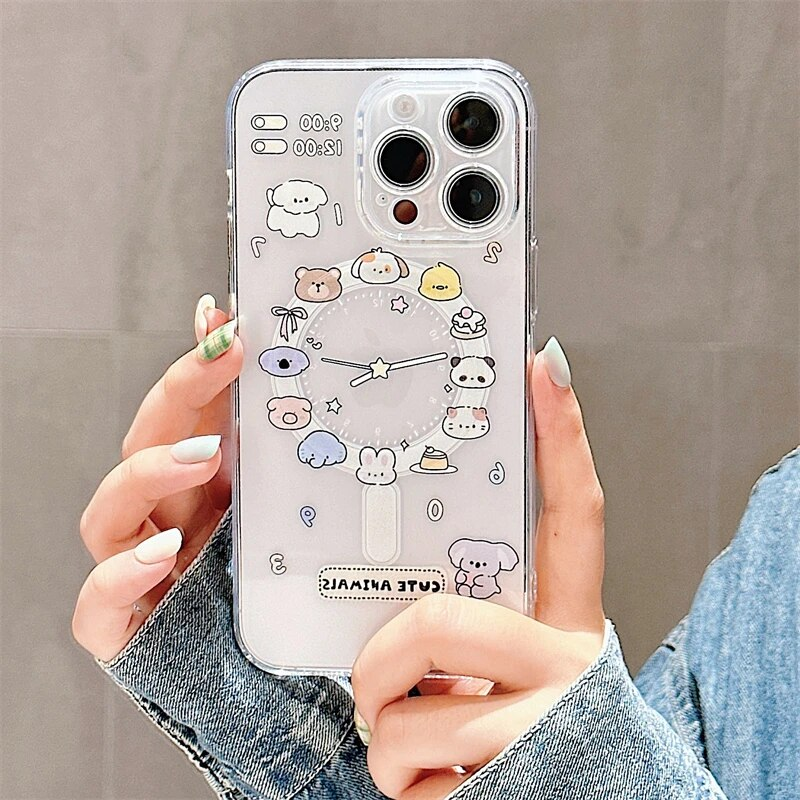 Cute Cartoon Animal Dog Cat Clear Phone Case For IPhone 11 12 13 14 15 16 Pro Max Plus Wireless Charging Magnetic Cover_voghion.com