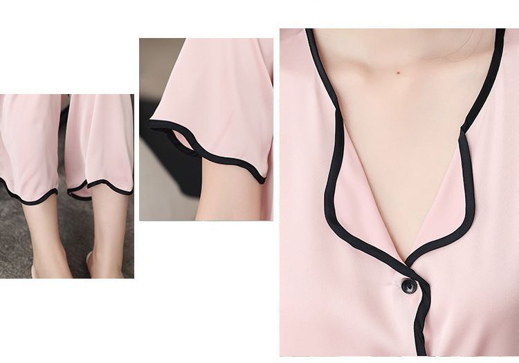 Nachtwäsche für Damen Seidenpyjama, kurzärmeliger Hosenanzug, große Größe, locker, einfarbig, mit Rüschen, lässige Heimkleidung_voghion.com