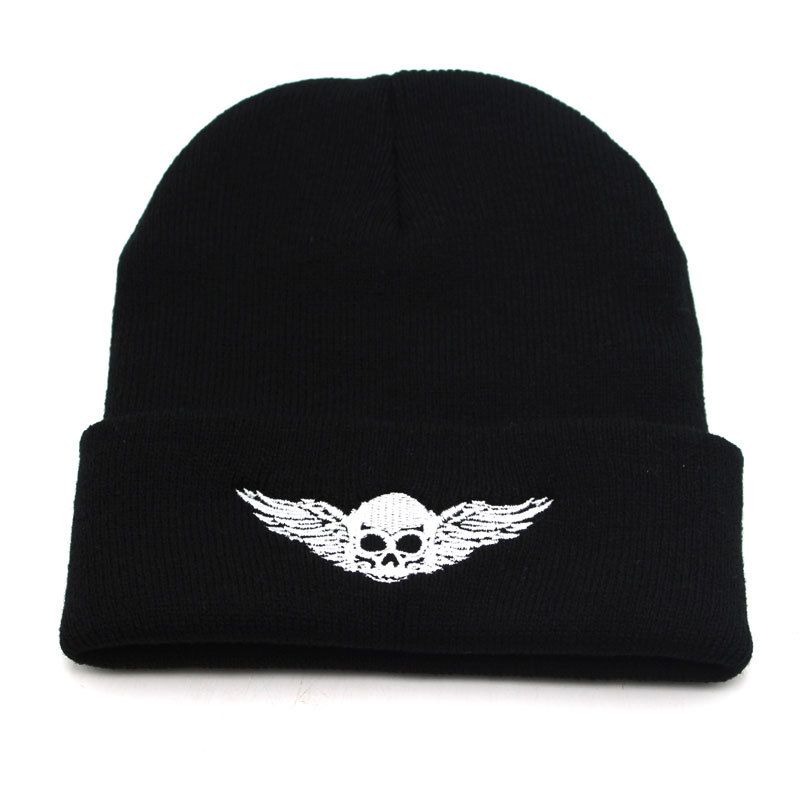 Nuovo cappello da sci autunnale e invernale con teschio e ali ricamate, in maglia, da uomo e da donna, caldo cappello di lana per l'esterno_voghion.com