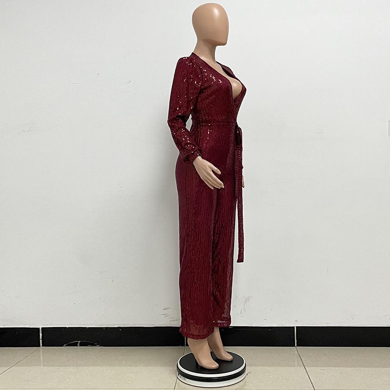 Damkläder Ins Style Deep V Mode Casual Jumpsuit Långärmat Bälte Paljett Jumpsuit Dam_voghion.com