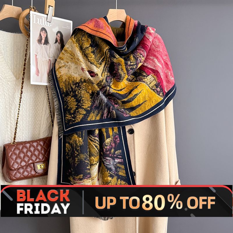 Oil Painting Time Traveler Printed For Women, High-End Cashmere Large Shawl, 2025 New Autumn Winter Warm Neck_voghion.com