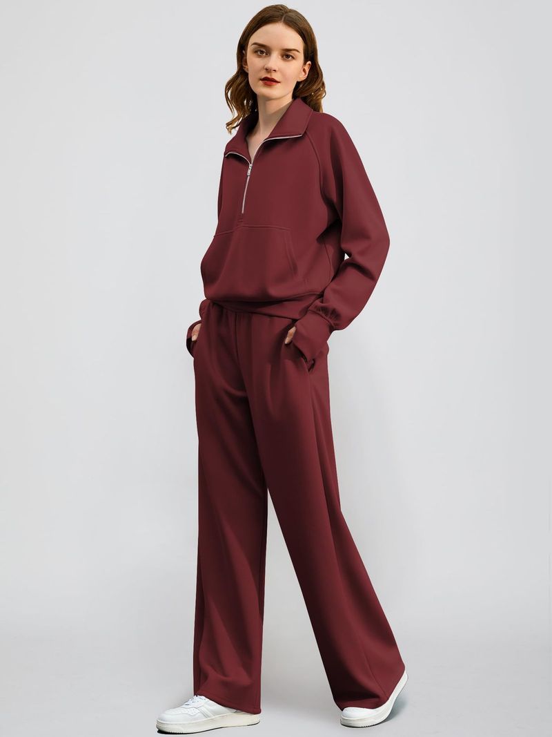 2025 Damen Zweiteiliges Oversize-Sweatshirt mit halbem Reißverschluss und weitem Bein, Jogginghose, Freizeitset_voghion.com
