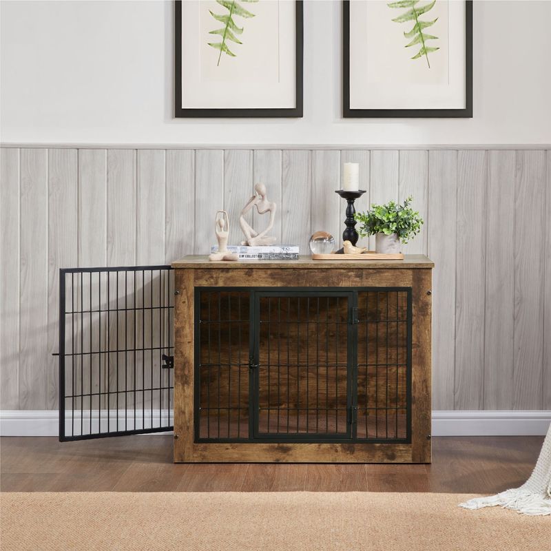 Dog Crate Furniture With Cushion, Wooden Dog Kennel Furniture, Heavy Duty Dog Cage, 40" Dog Kennel With Double Doors, Dog Crates For Large Dogs, Rustic Brown, L_voghion.com