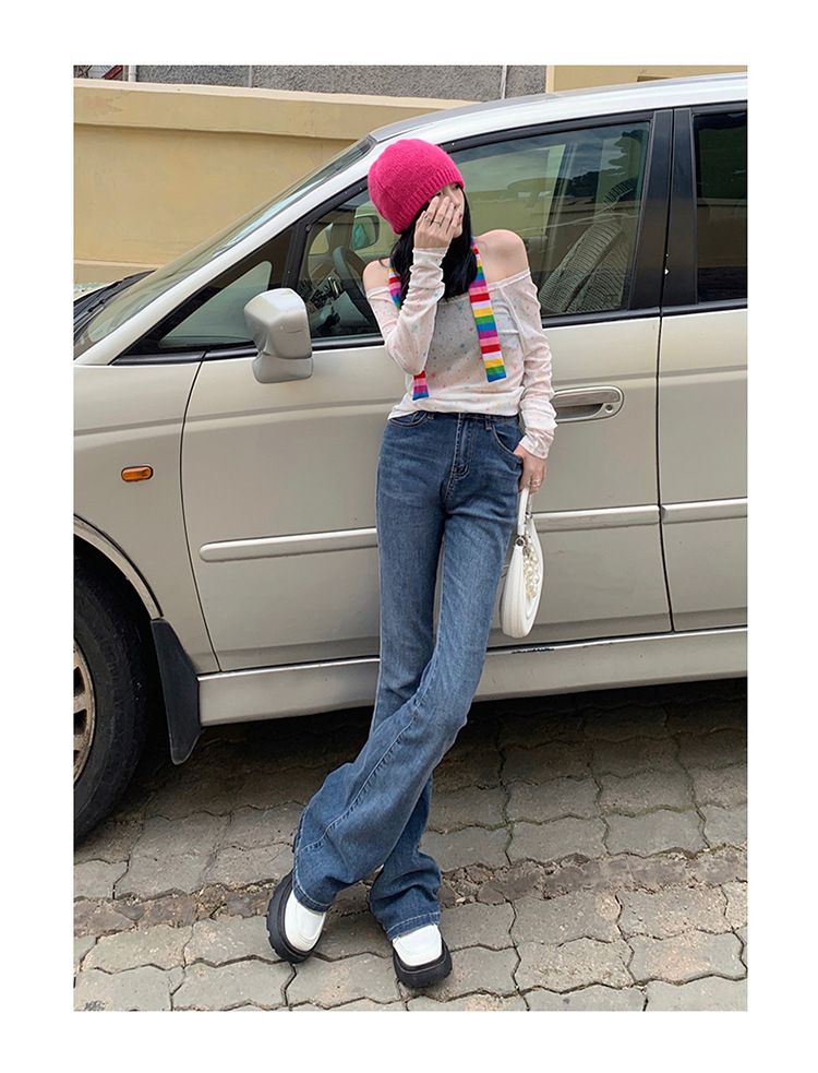 Damkläder high street retro heta flickans utsvängda jeans för kvinnor hög midja slim fit trendiga all match bell bottom byxor_voghion.com