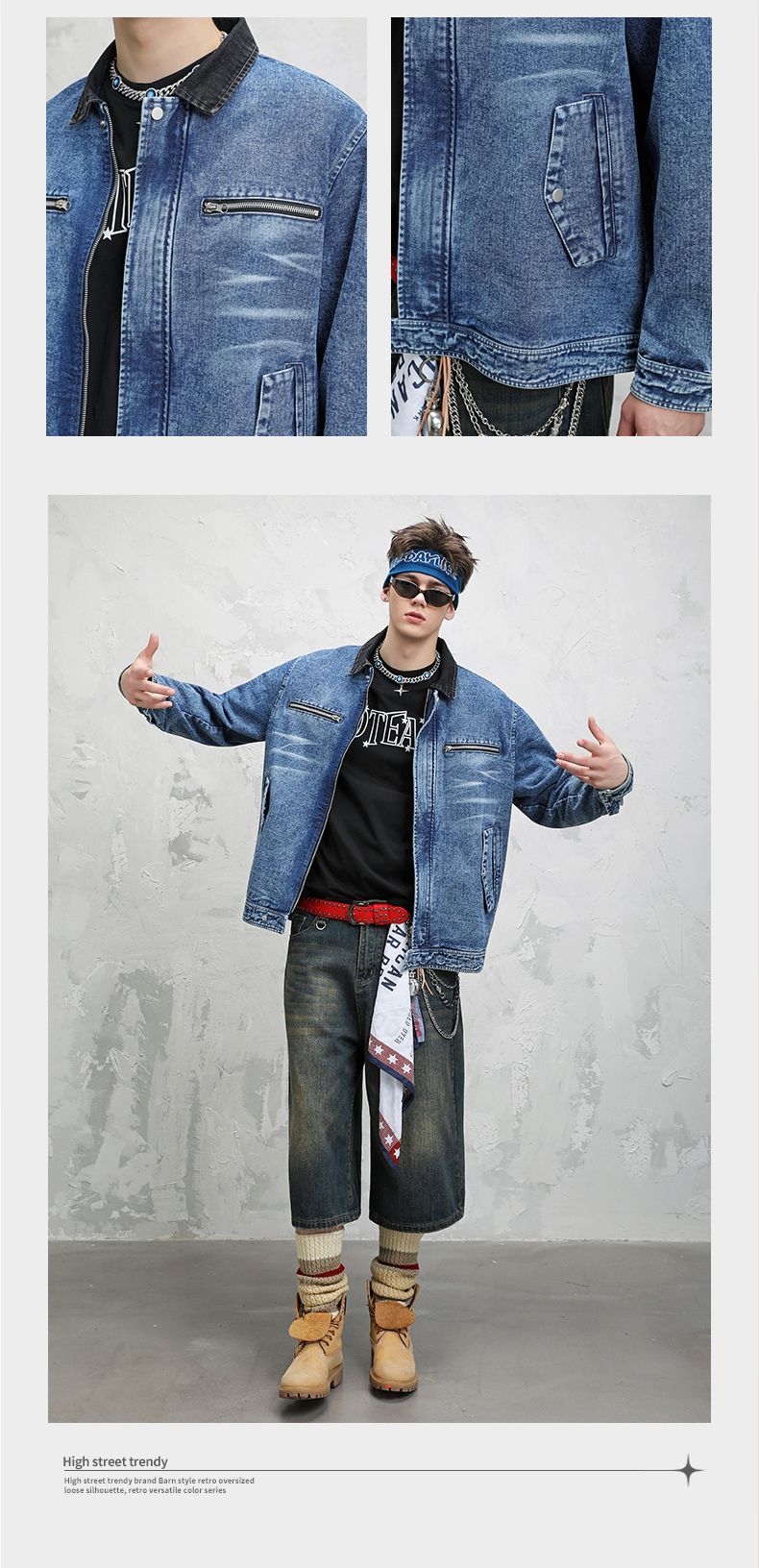 Herren Jeansjacke Vintage Jeansjacken Revers Langarm Mantel Mode Hip-Hop Herrenbekleidung Reißverschlusstaschen Dunkelblaue Jeansjacke_voghion.com
