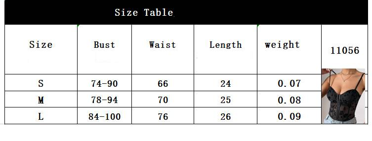Damenbekleidung: Tief ausgeschnittenes, durchsichtiges Hosenträger-Korsett mit Netzstoff und Fischgrätenmuster, kurzes Oberteil für Damen 11056_voghion.com