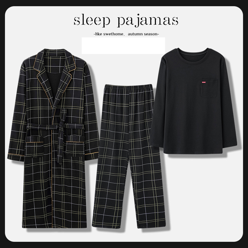 Three-piece robe men's pajamas spring and autumn pure cotton long-sleeved large size bathrobe simple casual home clothes cross-border foreign trade_voghion.com