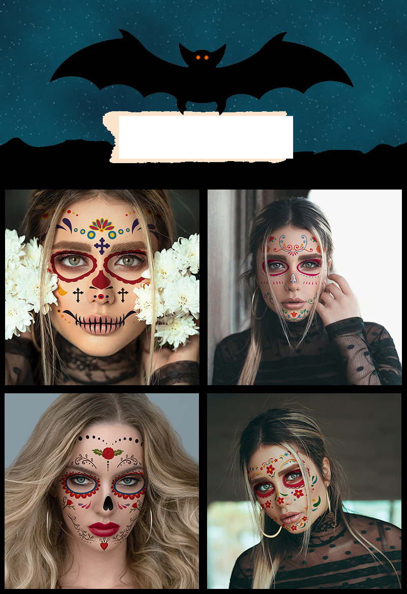 Tatouage visage Halloween Fleurs Autocollants de tatouage Jour des morts Autocollants de maquillage de fête_voghion.com