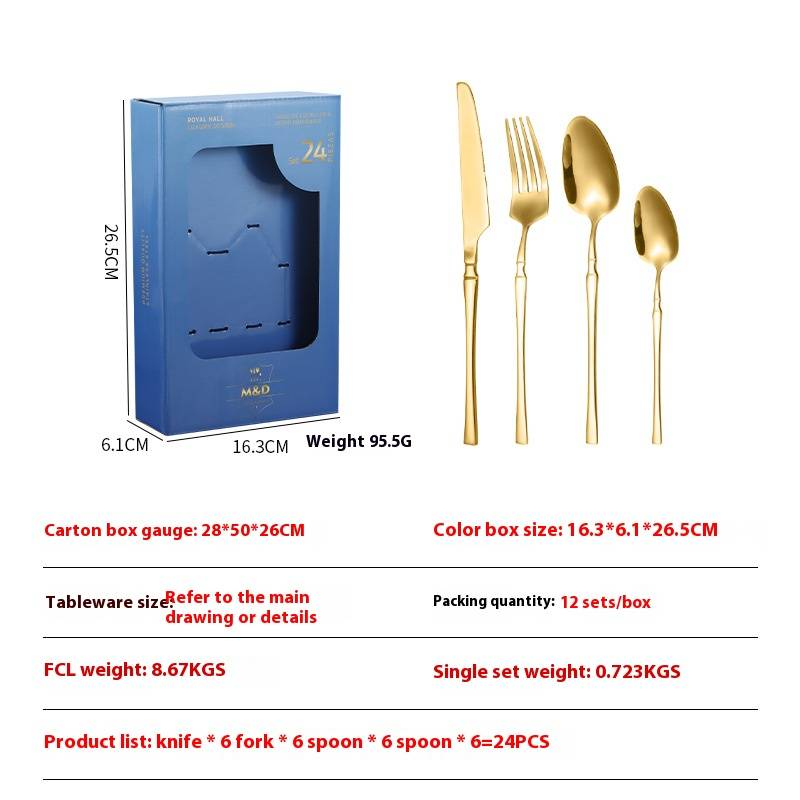Juego de cubiertos de acero inoxidable de 24 piezas - Estuche de regalo fino con cuchillo, tenedor y cuchara dorados para carne y comida occidental._voghion.com