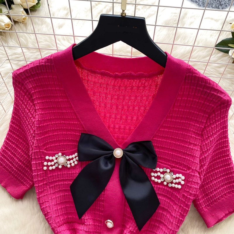 Abito da donna in maglia con scollo a V, fiocco, diamanti, vestibilità aderente, splendida gonna lunga_voghion.com