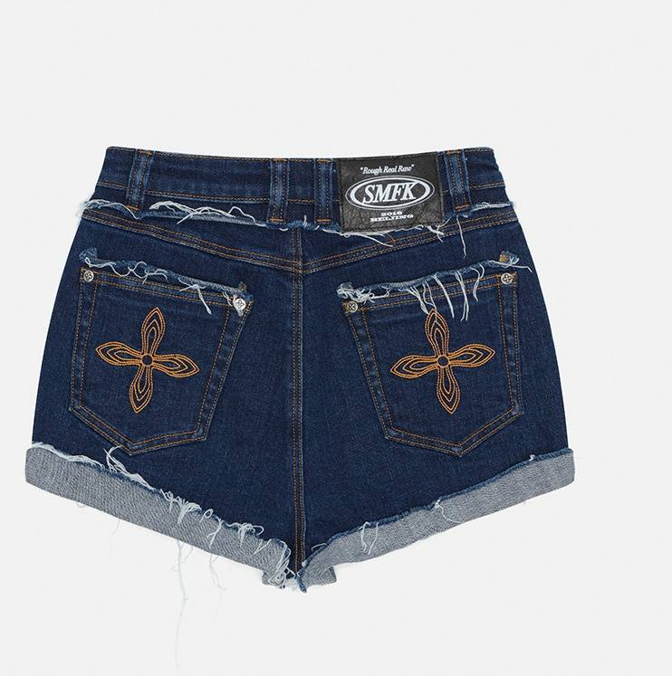 Short en jean taille haute à fleurs croisées peintes à la main, style vintage, en coton vieilli, pour femme, streetwear, mode_voghion.com