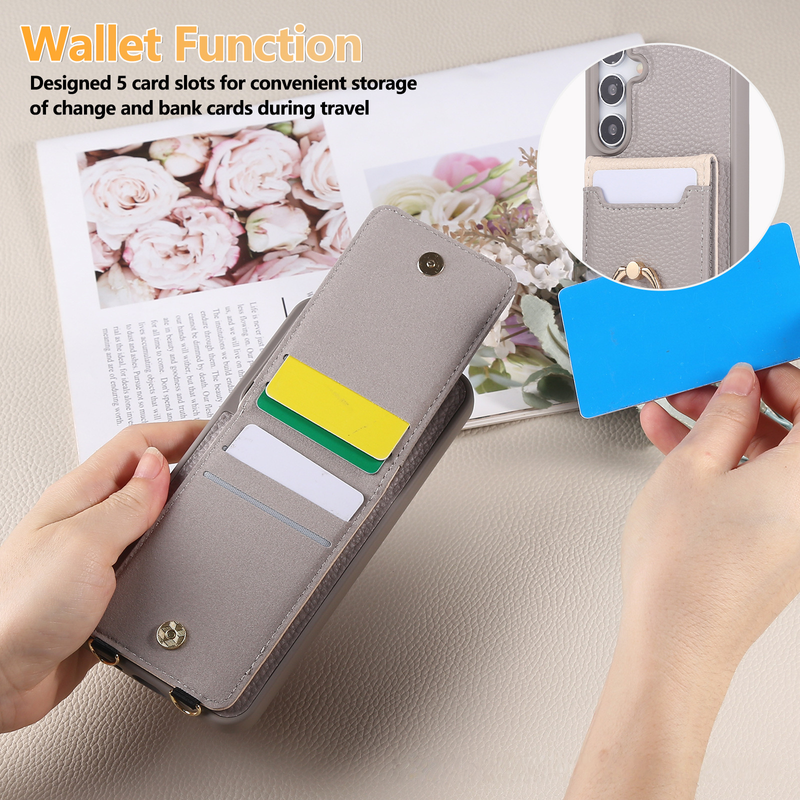 Adatto per Samsung S25 Ultra Custodia in pelle per cellulare con slot per schede S24 S23 Custodia per cellulare con anello con motivo a litchi e cordino_voghion.com