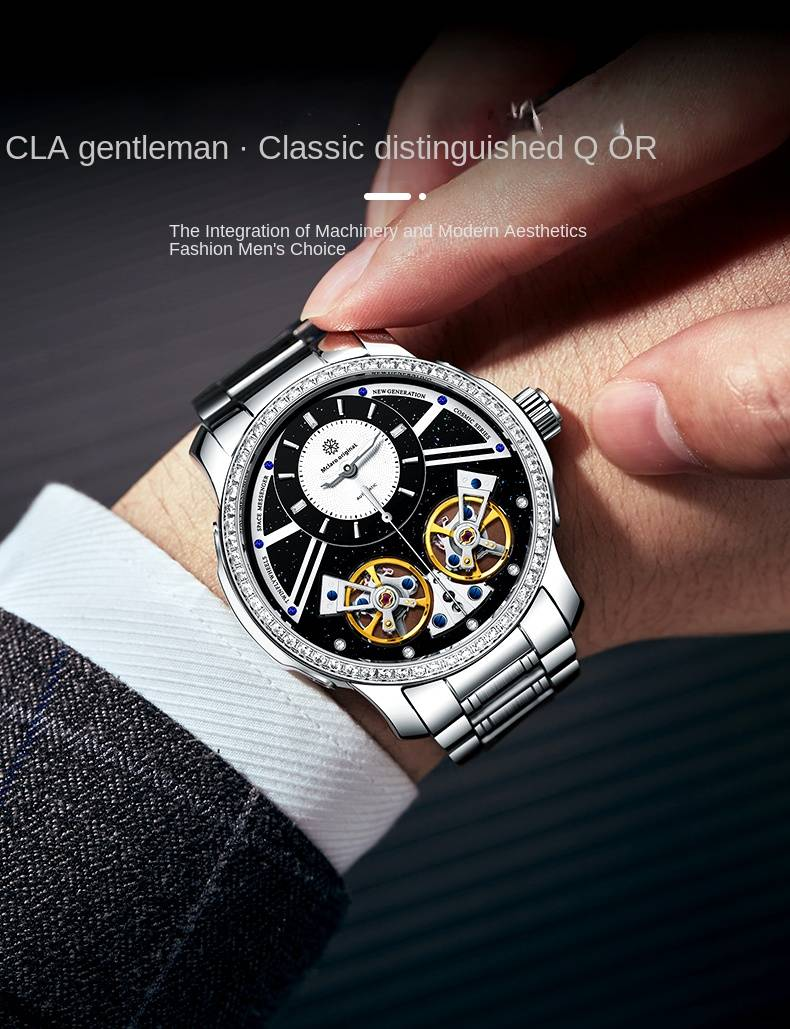 McLaro Infinite Universe 'Sirius': Men's High-End Mechanical Watch With Black Dial And Steel Bracelet For Casual Style_voghion.com