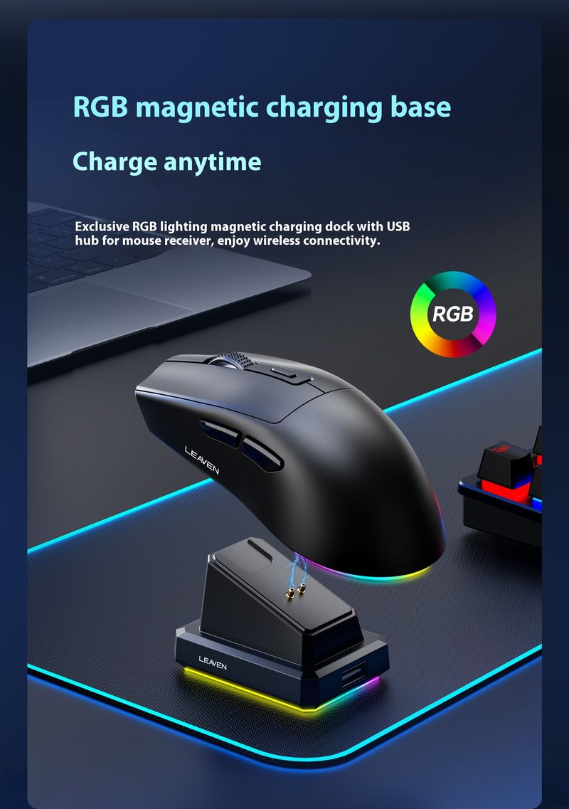 Mouse da gioco wireless con dock di ricarica RGB - Bluetooth e doppia modalità 2.4G, 2000 DPI, 6 velocità regolabili, rotella di scorrimento a 4 vie, design ergonomico_voghion.com