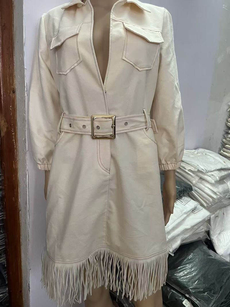 Abito da donna con scollo a V, maniche a balze e frange – Mini abito stile denim audace con cintura in vita staccabile_voghion.com