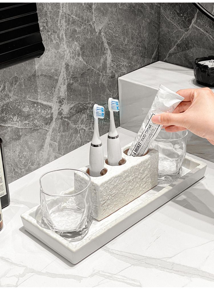 Set di dispenser e portasapone con texture in pietra - Organizzatore di lusso per il bagno per hotel e casa, portasapone resistente all'acqua (2 pezzi)_voghion.com