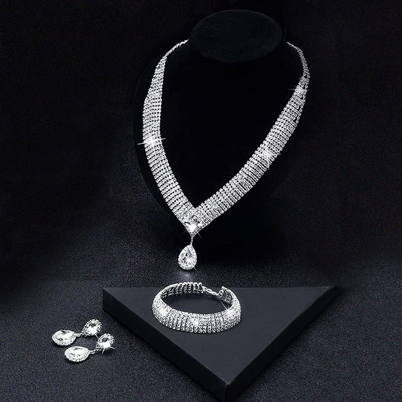 Light Luxury Style Women's Water Drop Pendant Zircon Necklace Earrings Bracelet Bridal Wedding Accessories_voghion.com