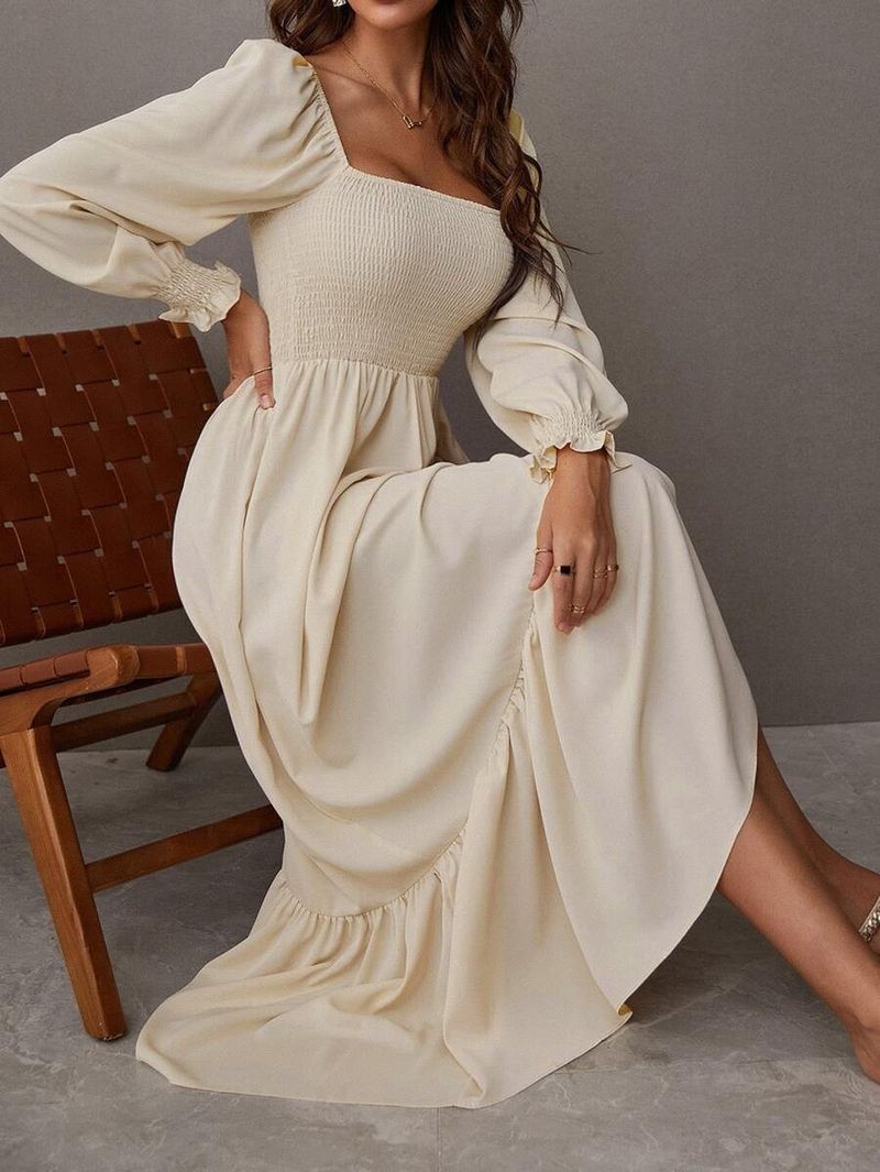 Abito aderente da donna, con scollo quadrato, manica lunga, volant, vita alta, ampio e ampio._voghion.com