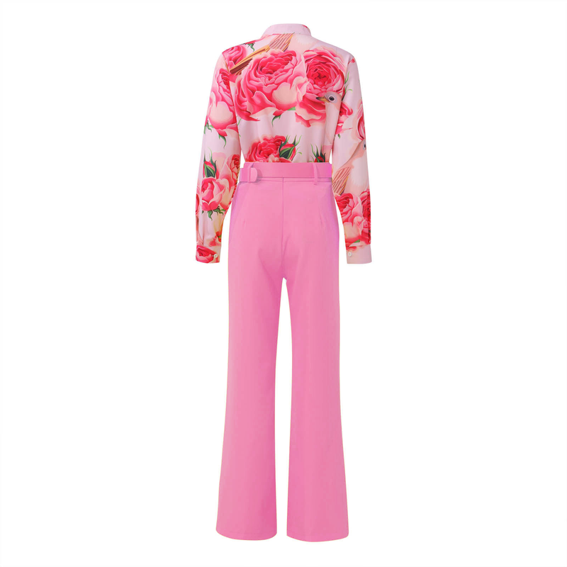 Ropa de mujer traje casual estampado cuello alto camisa de manga larga top pantalones de pierna ancha conjunto de dos piezas_voghion.com