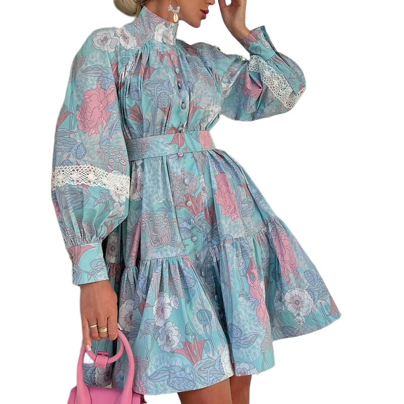 Damenbekleidung neues Modetemperament große Größe Damen hoher Kragen bedrucktes Hemdkleid_voghion.com