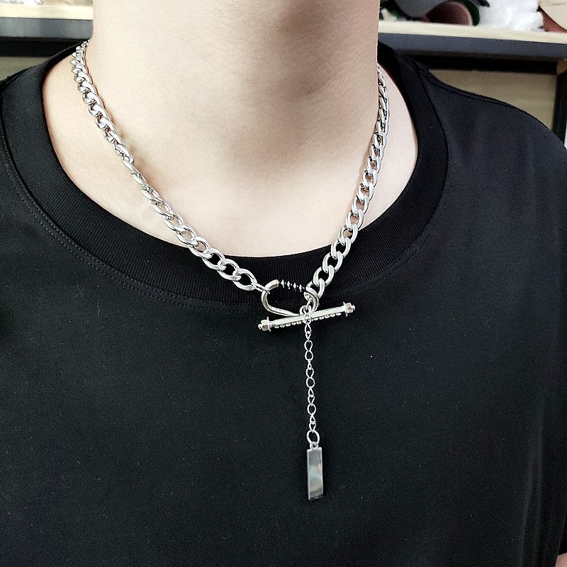 Hiphop Cubaanse titanium stalen herenketting, veelzijdig en uniek, kleurloze splitketting in Instagram-stijl_voghion.com