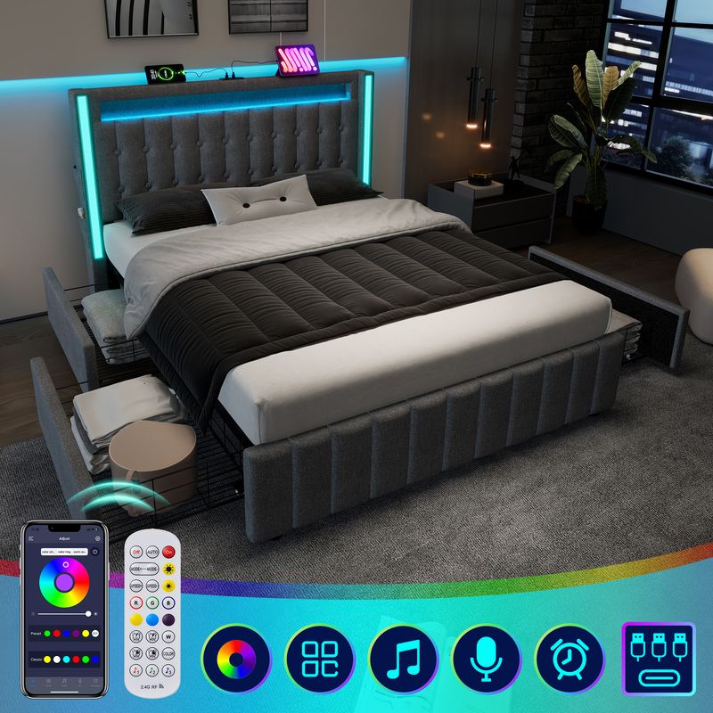 Lit double avec rangement et lattes en bois, chargement USB Type-C, éclairage LED et 4 tiroirs, gris (matelas non inclus). Lit enfant 140 x 200 cm._voghion.com