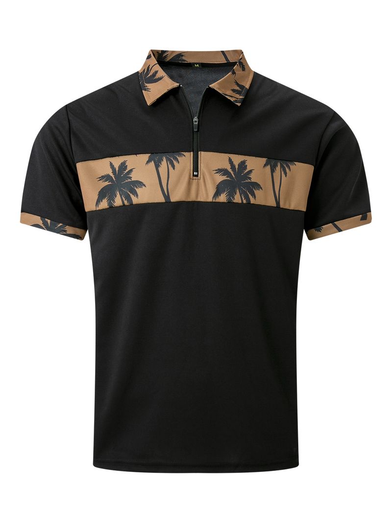 2-piece Men's Summer Holiday Style Outfit Set Short Sleeve Zip Golf Shirt & Waist Drawstring Shorts With Pockets Beach Resorts_voghion.com