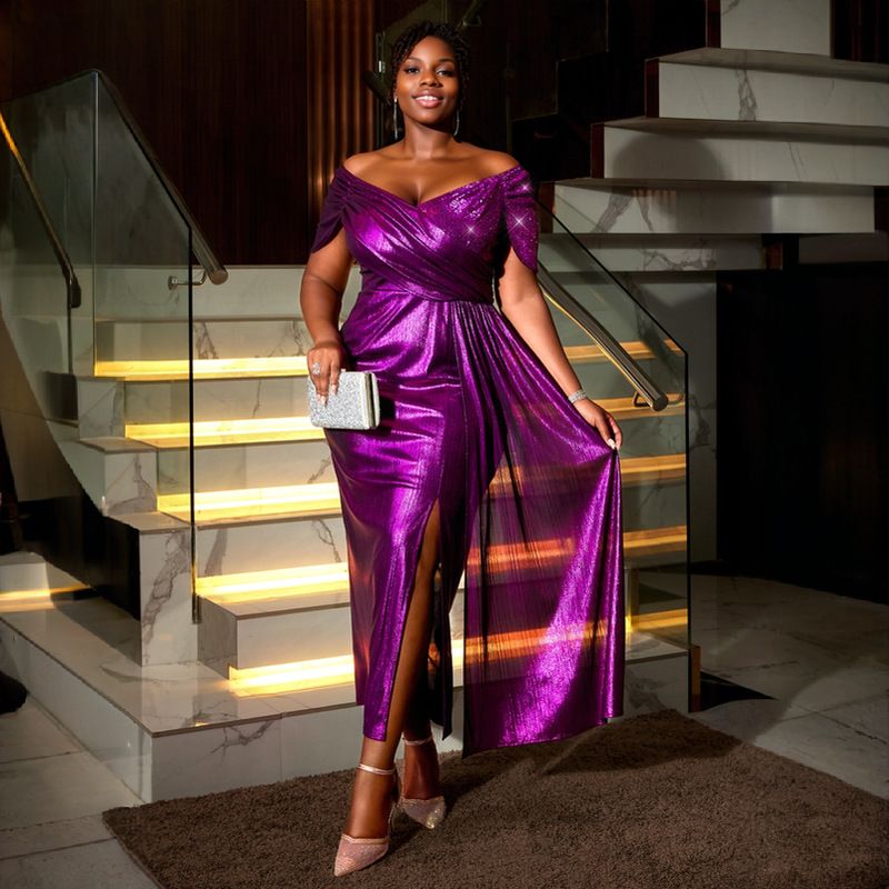 Women's Clothing New Off Shoulder V Neck Banquet Evening Dress Evening Party Pleated Small Sleeve Cover Dresses_voghion.com