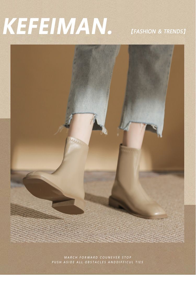Kefeiman French Style Square Toe Flat Bottom Women Booties_voghion.com