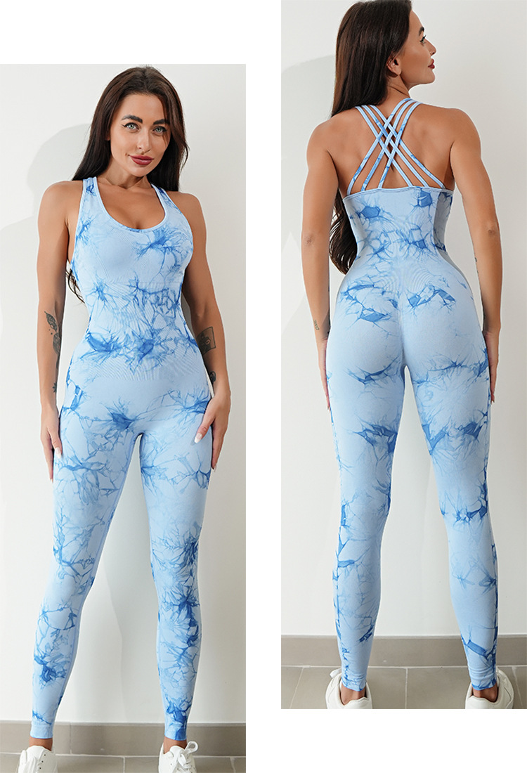Combinaison de Yoga tout-en-un pour femmes, teinture par nouage, sans manches, élastique, levage des hanches, sport serré, séchage rapide_voghion.com