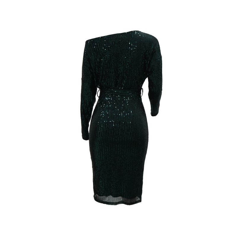 Schulterfreies Wickelkleid mit Pailletten – Glamour-Kleid mit langen Ärmeln (S–XXL, Stretch-Polyester, Smaragdgrün und Nude, für Feiertagspartys und Verabredungen am Abend)_voghion.com