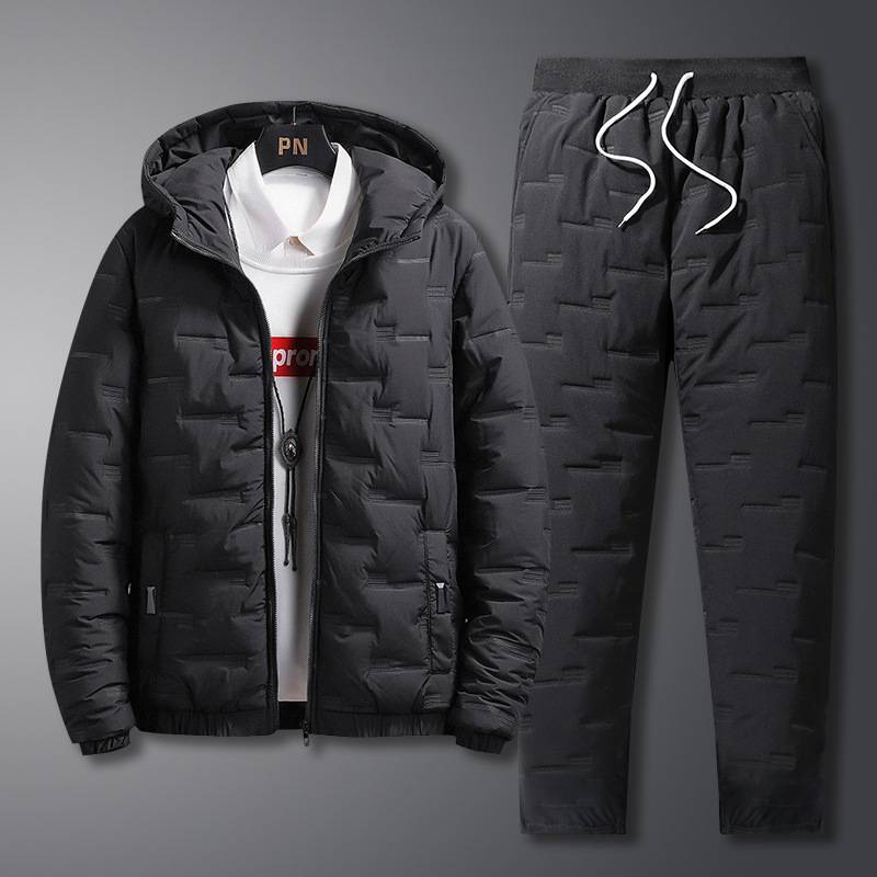 Herrenbekleidung neu 2024 lässiger sportlicher Baumwollanzug Herrenjacke aus Baumwolle mit Kapuze Arbeitskleidung Taschen-Baumwollhose zweiteiliger Anzug_voghion.com