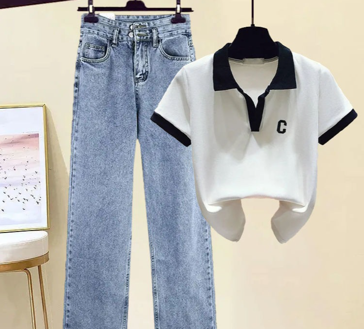 Women's Clothing Short Sleeved T Shirt Polo Shirt High Waisted Denim Wide Leg Pants Two Piece Suit_voghion.com