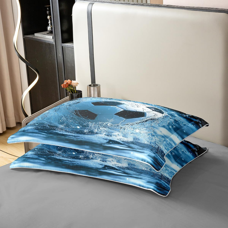 Fußball-Bettbezug, Doppelbett-Bettwäscheset für Kinder, Jungen und Männer, Tor, Gaming, Wasserspritzer, Schwarz, Blau, Weiß, Bettbezug, weiche, bequeme Bettwäsche_voghion.com