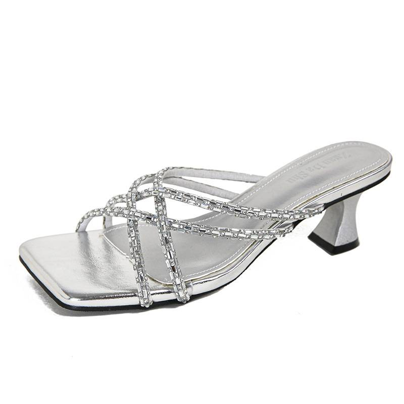Sandales à lanières pailletées pour femmes – Chaussures à talons carrés et bout ouvert d'inspiration française pour robes (noir/or/argent)_voghion.com