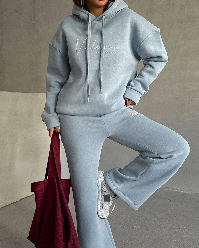 Conjunto de sudadera y jogger extragrande para mujer: elegante conjunto de dos piezas con estampado de letras para estar en casa (azul/melocotón/negro/blanco)_voghion.com