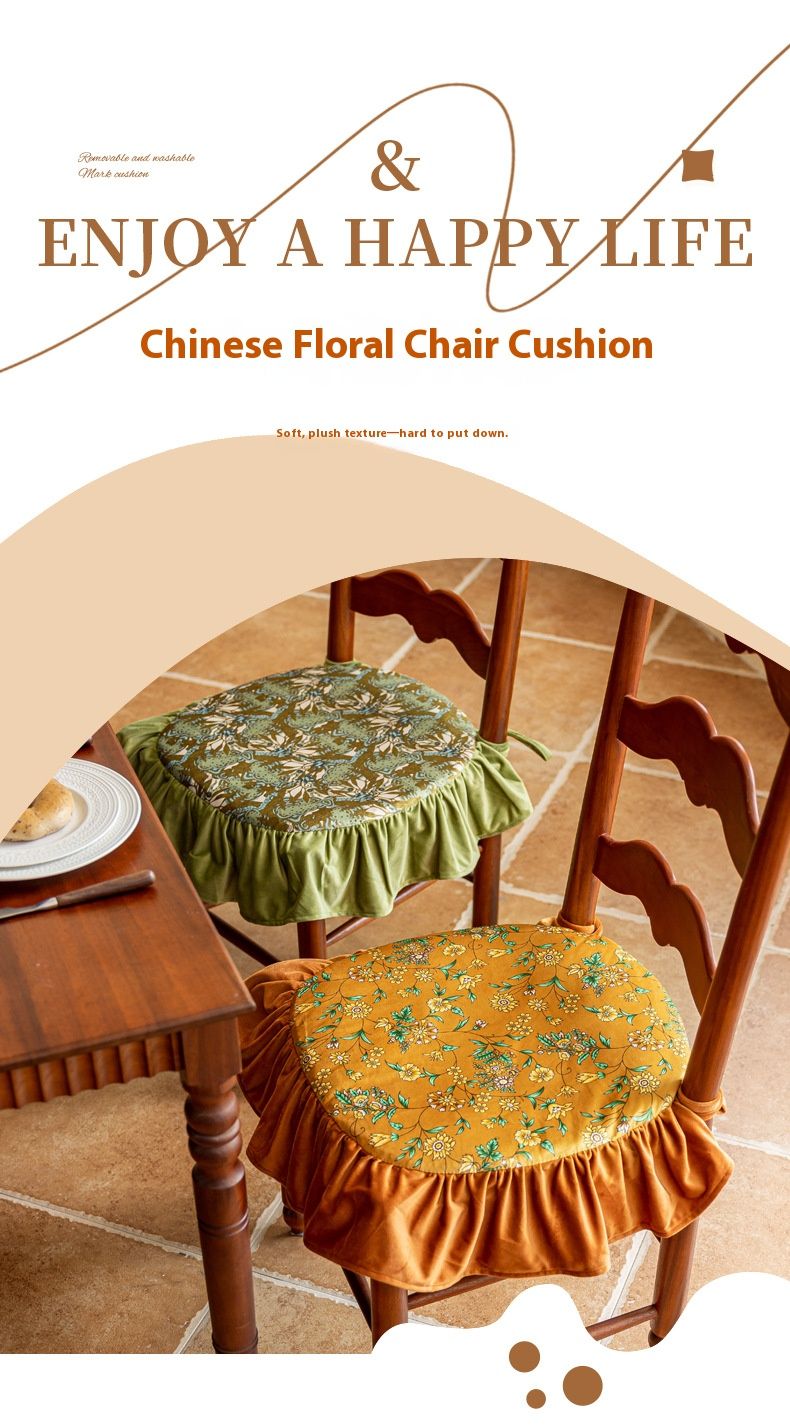 Polyester French-Style Chair Cushion – 45x45cm Washable Seat Pad With Floral Ruffles For Dining & Home Decor (Green Rabbitweed/Iris Design, Non-Slip)_voghion.com