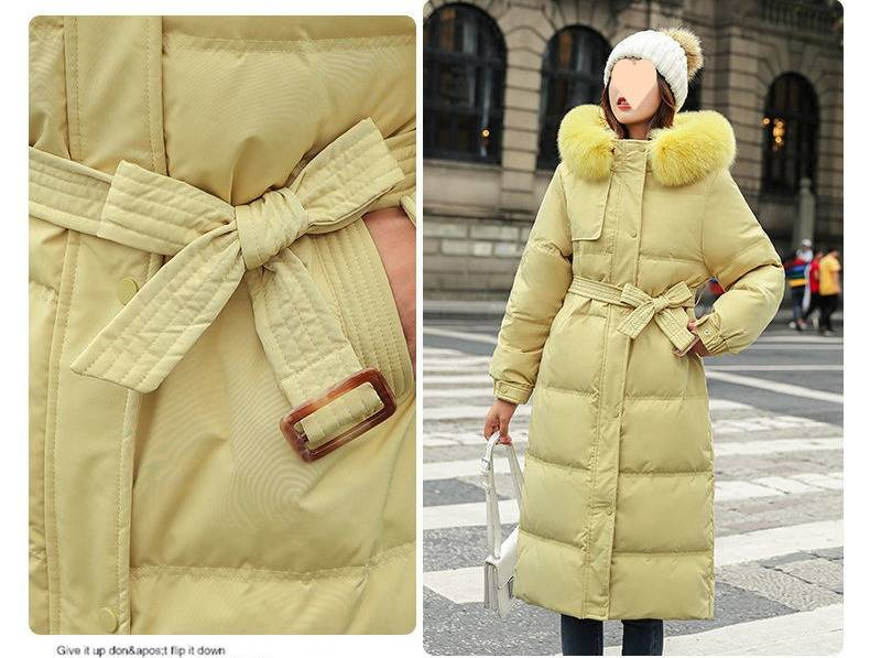 Lange Daunenjacke für Damen mit echtem Fuchspelzbesatz – Füllung aus 96 % weißen Entenfedern, schmaler, taillenbetonter Wintermantel, wasserabweisende Acryl-Außenschicht_voghion.com