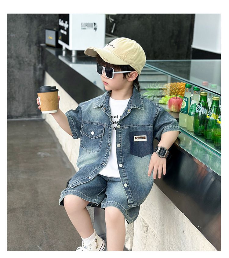 Abbigliamento per bambini piccoli, camicia in denim, completo con colori sfumati, alla moda, estivo, a maniche corte, completo in due pezzi_voghion.com