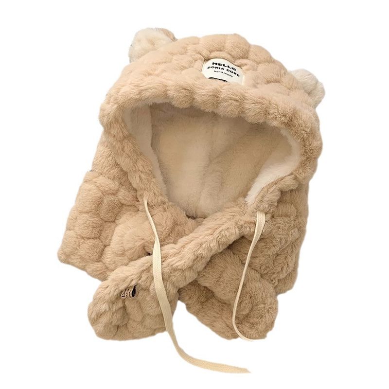 Versione coreana, peluche ispessito, calda protezione da ciclismo, simpatico orsetto, sciarpa con cappello auricolare integrato per l'inverno da donna_voghion.com