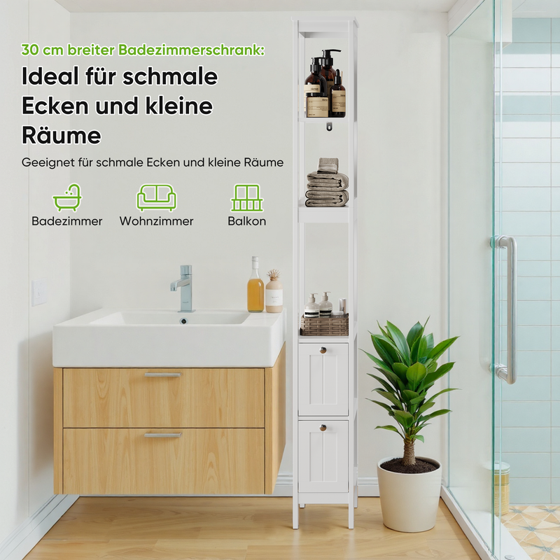 Schmaler Hochschrank Fürs Badezimmer, Freistehend Mit 2 Schubladen & 3 Böden, 20x30x160 Cm, Bianco_voghion.com