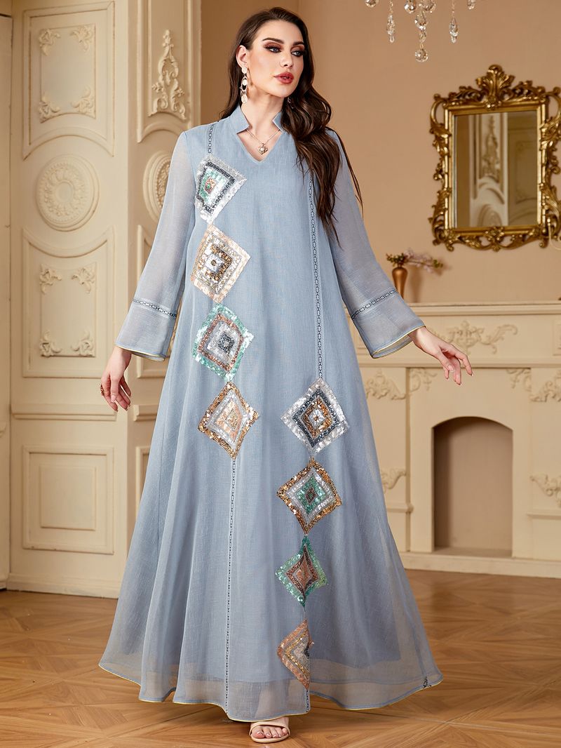 Women's Clothing Muslim Middle East Sleeved Abaya Sequined Long Skirt Saudi Arabia Dubai Dress_voghion.com