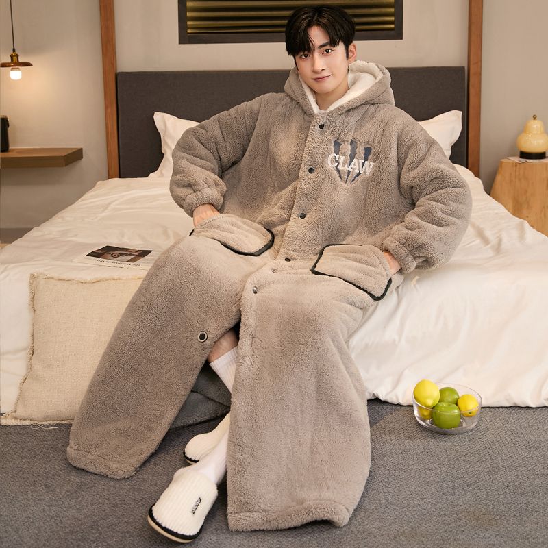 Men's Nightgown Coral Fleece Pajamas Thickened Flannel Bathrobes Thickened Plus Size Loungewear_voghion.com