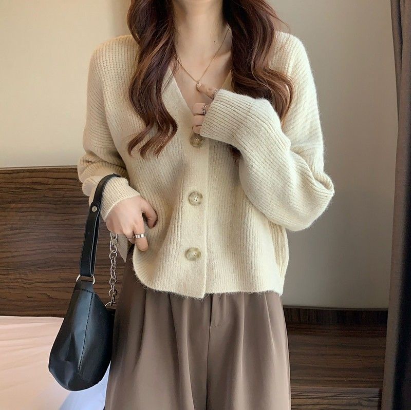 Oversize-Strickcardigan mit V-Ausschnitt – Langärmliger Boho-Chic-Pullover für Damen, strukturiertes Rippenmuster in Erdtönen_voghion.com