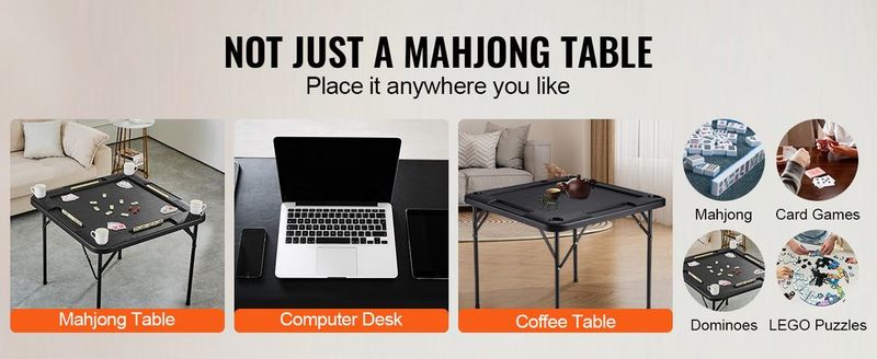 VEVOR Mahjong Table 4 Player Folding Card Table & 4 Cup Holders Chip Trays Black_voghion.com