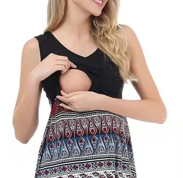 Abito premaman allattamento senza maniche con stampa Pinyin nera e scollo a V_voghion.com