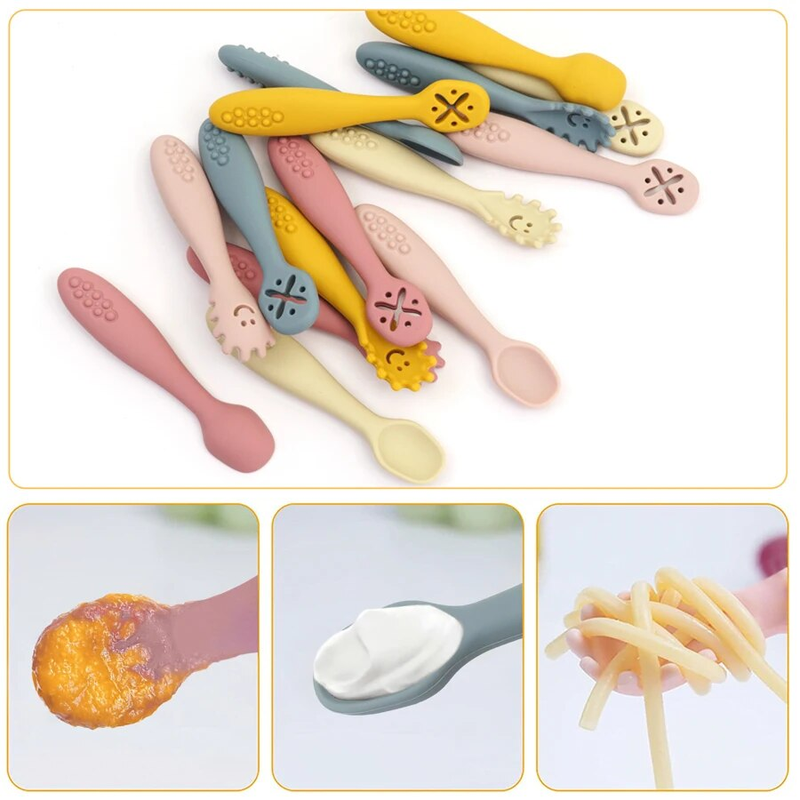 3-teiliges Set aus Silikon-Löffel und Gabel für Babys, Besteck, Fütterung, Essen, Kleinkind, Essen lernen, Training, weiche Gabel, Besteck, Kindergeschirr_voghion.com